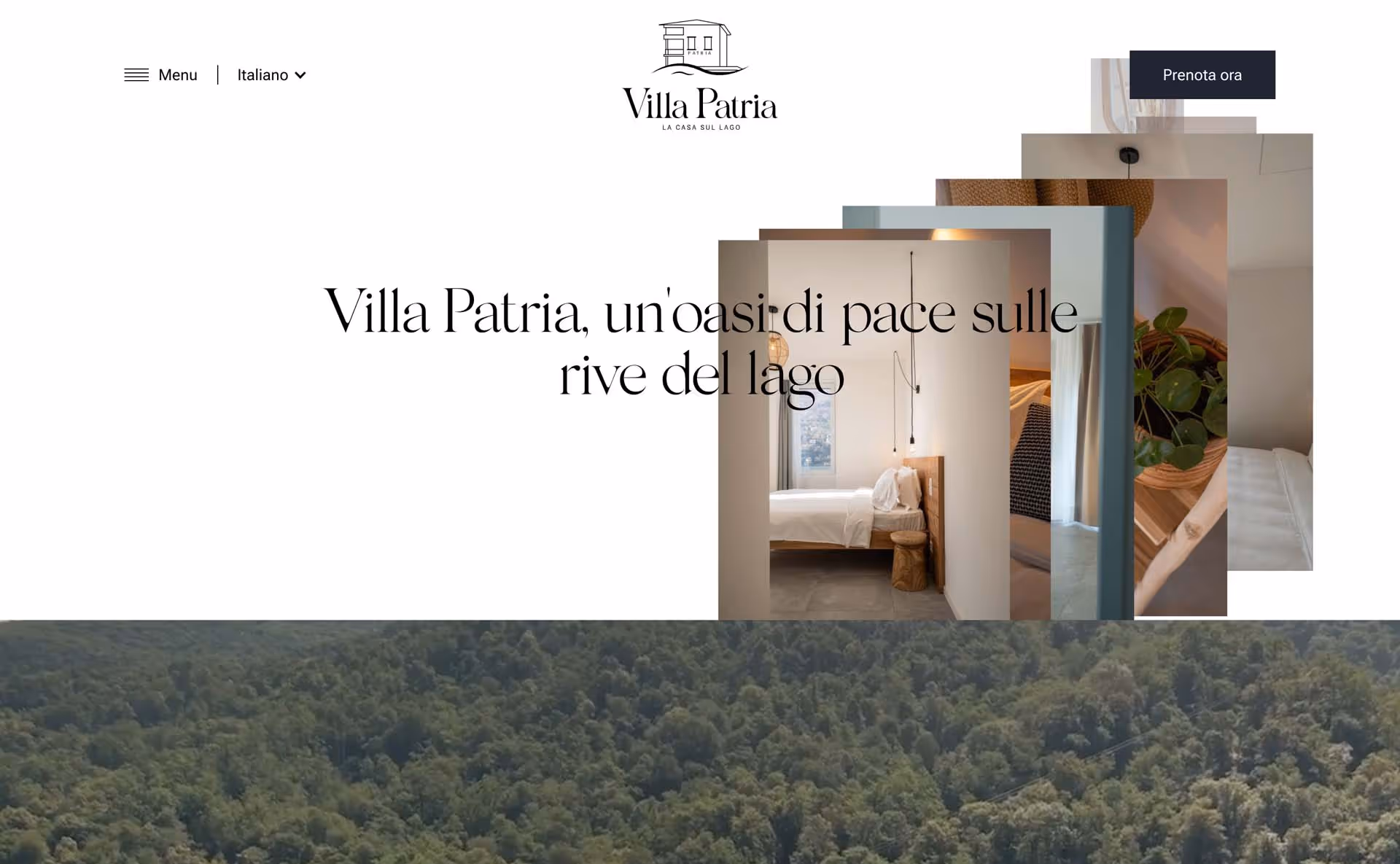 Landing page for Villa Patria featuring serene bedroom interiors and a forest landscape beneath the text 'Villa Patria, un'oasi di pace sulle rive del lago.'