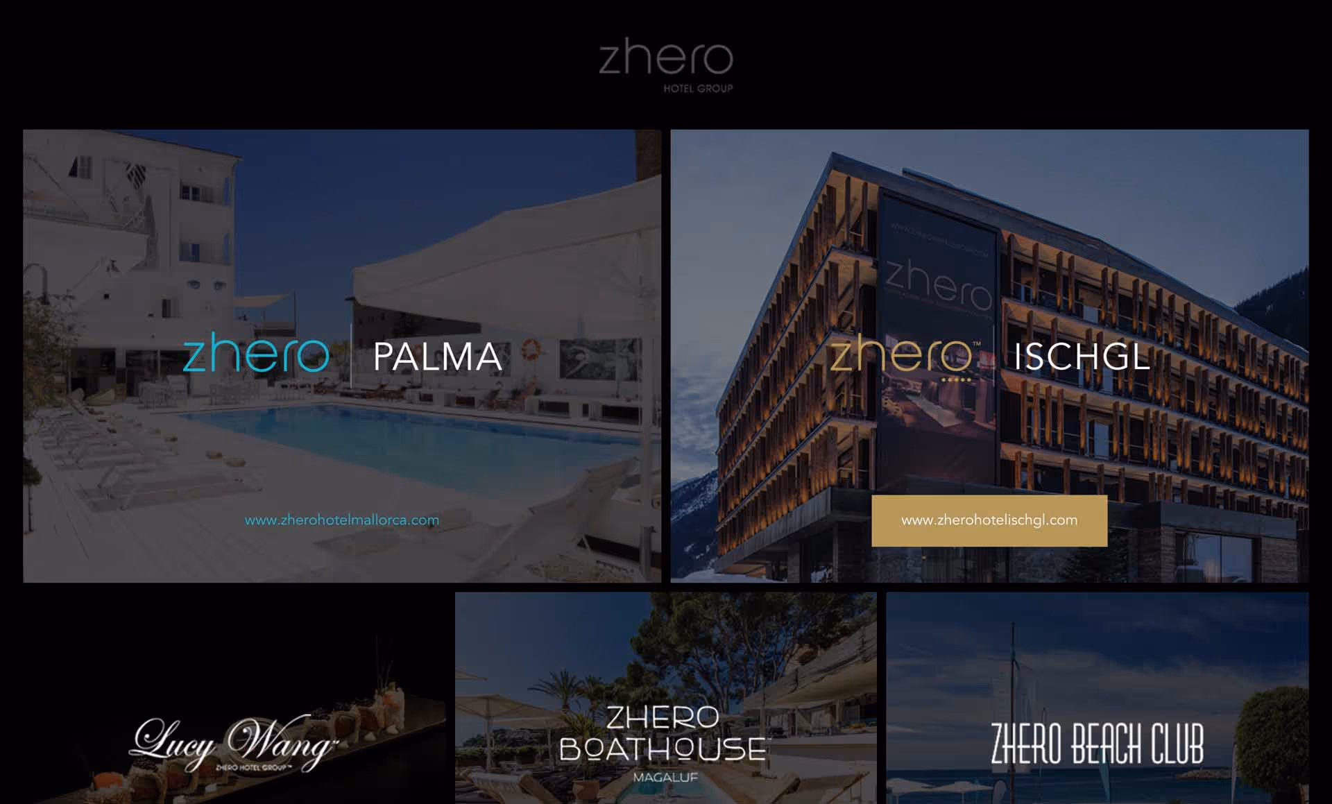 Collage showing four Zhero Hotel Group properties: Zhero Palma pool area, Zhero Ischgl lit modern building, Lucy Wang restaurant, and Zhero Boathouse outdoor seating.