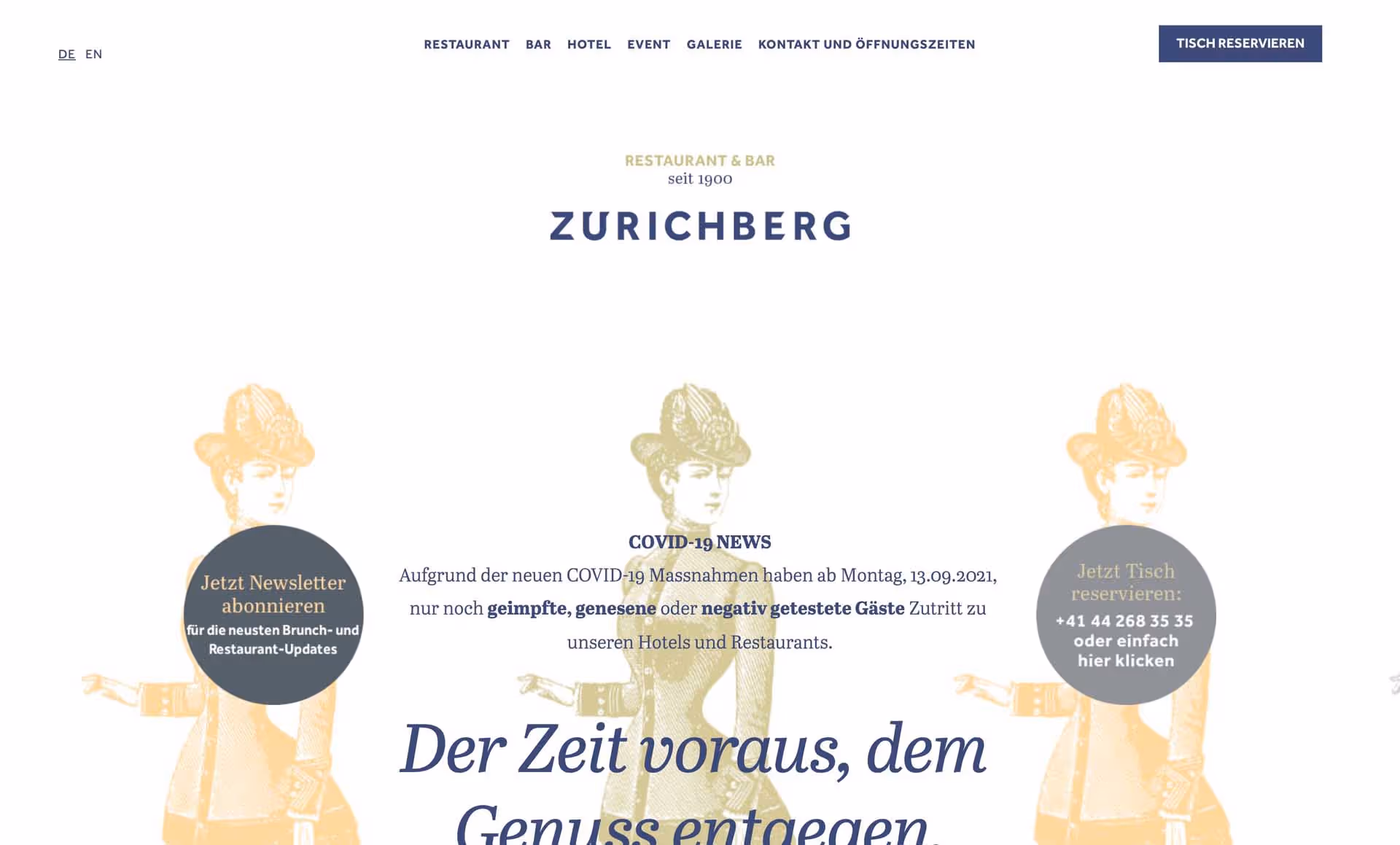 Zurichberg restaurant and bar website header with vintage illustrations of women in hats and COVID-19 news about entry requirements.