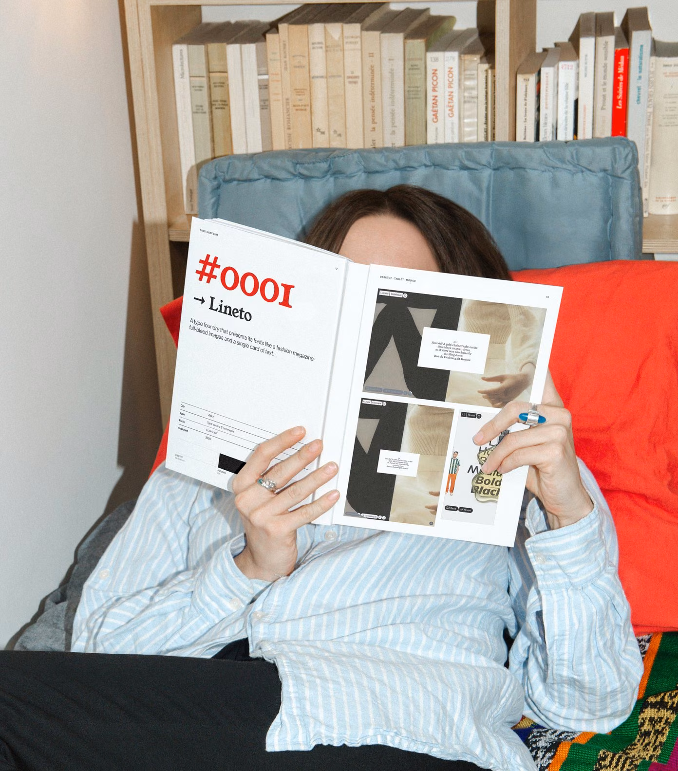 The yearbook open at sheet #0001, Lineto: fonts, colours and the site on desktop, tablet and mobile