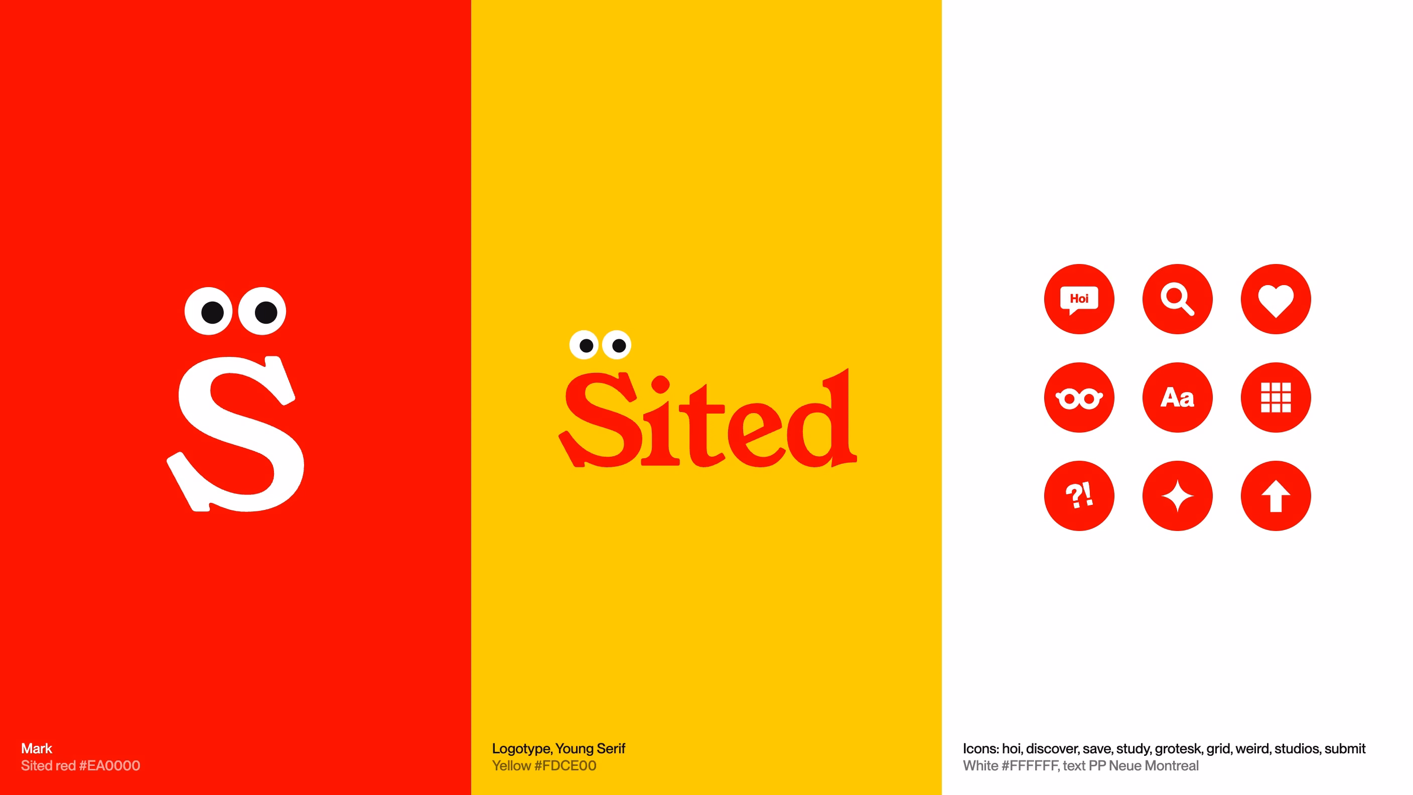 The Sited system: the mark on red, the logotype in red on yellow, nine icons in red circles on white