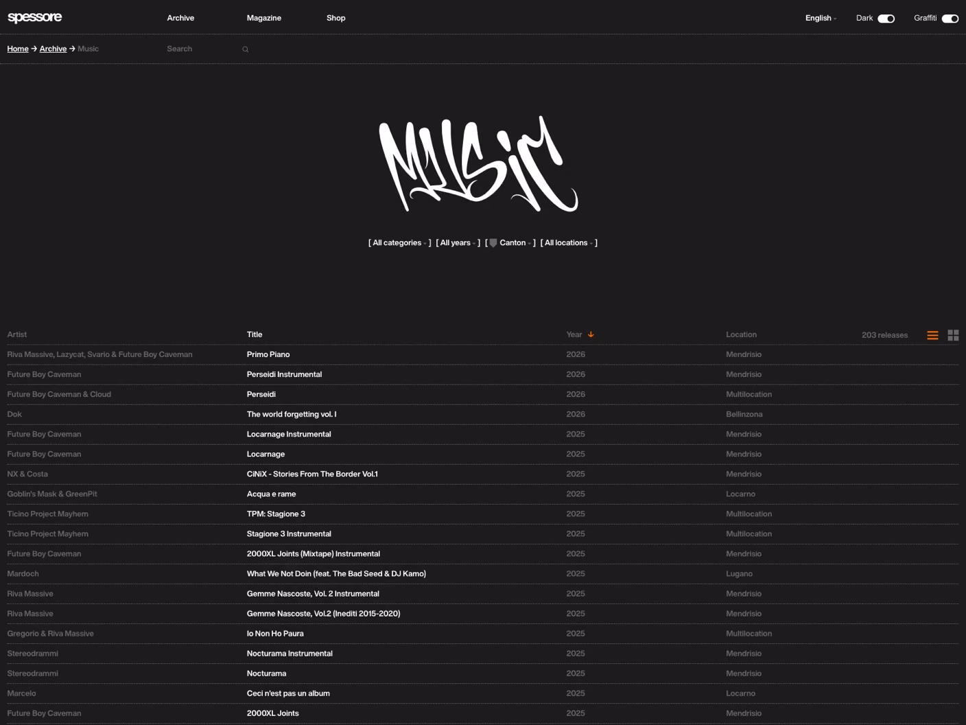 Spessore website in dark mode with the graffiti font: the music archive
