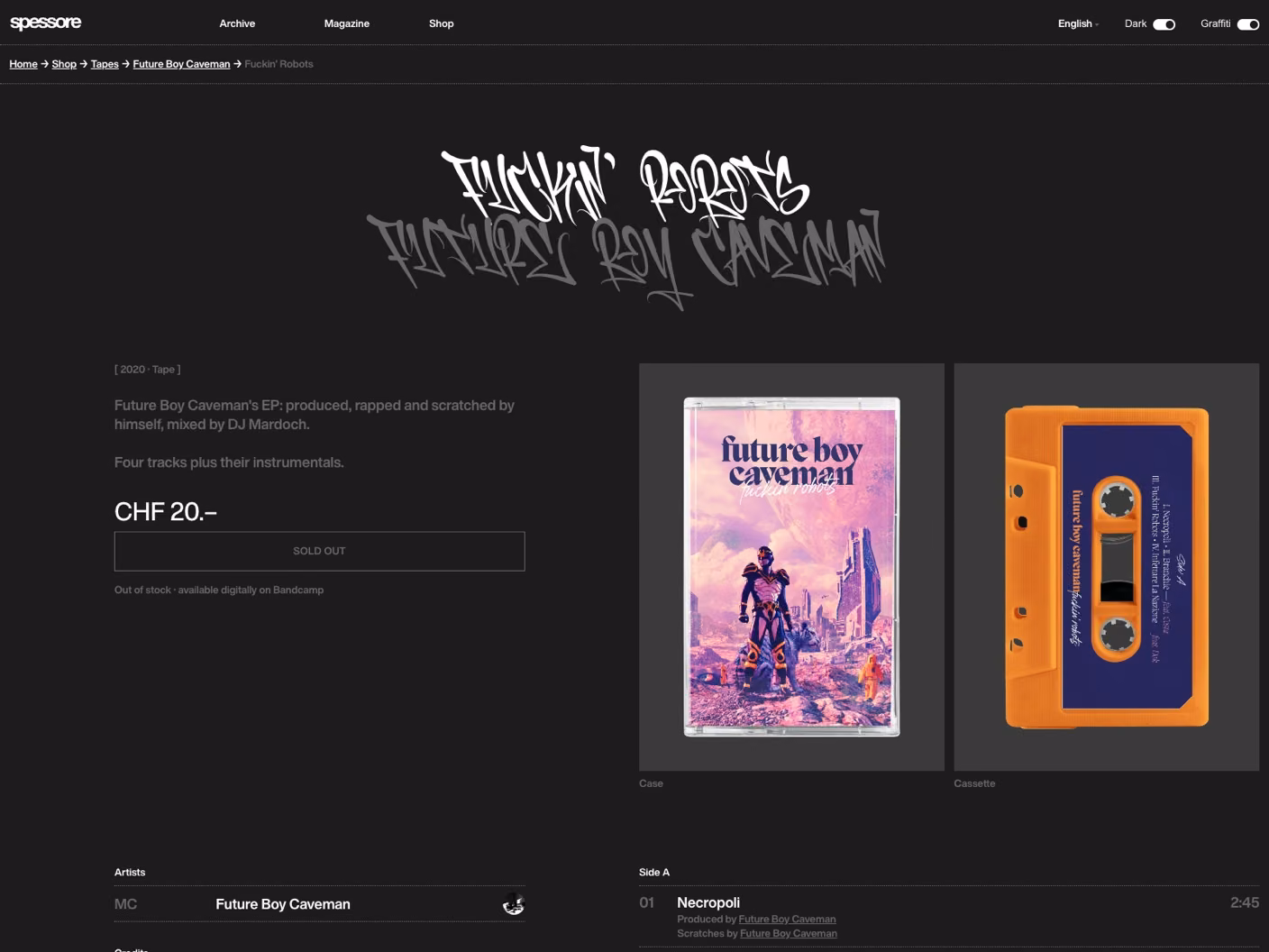 Spessore website in dark mode with the graffiti font: the Fuckin' Robots tape