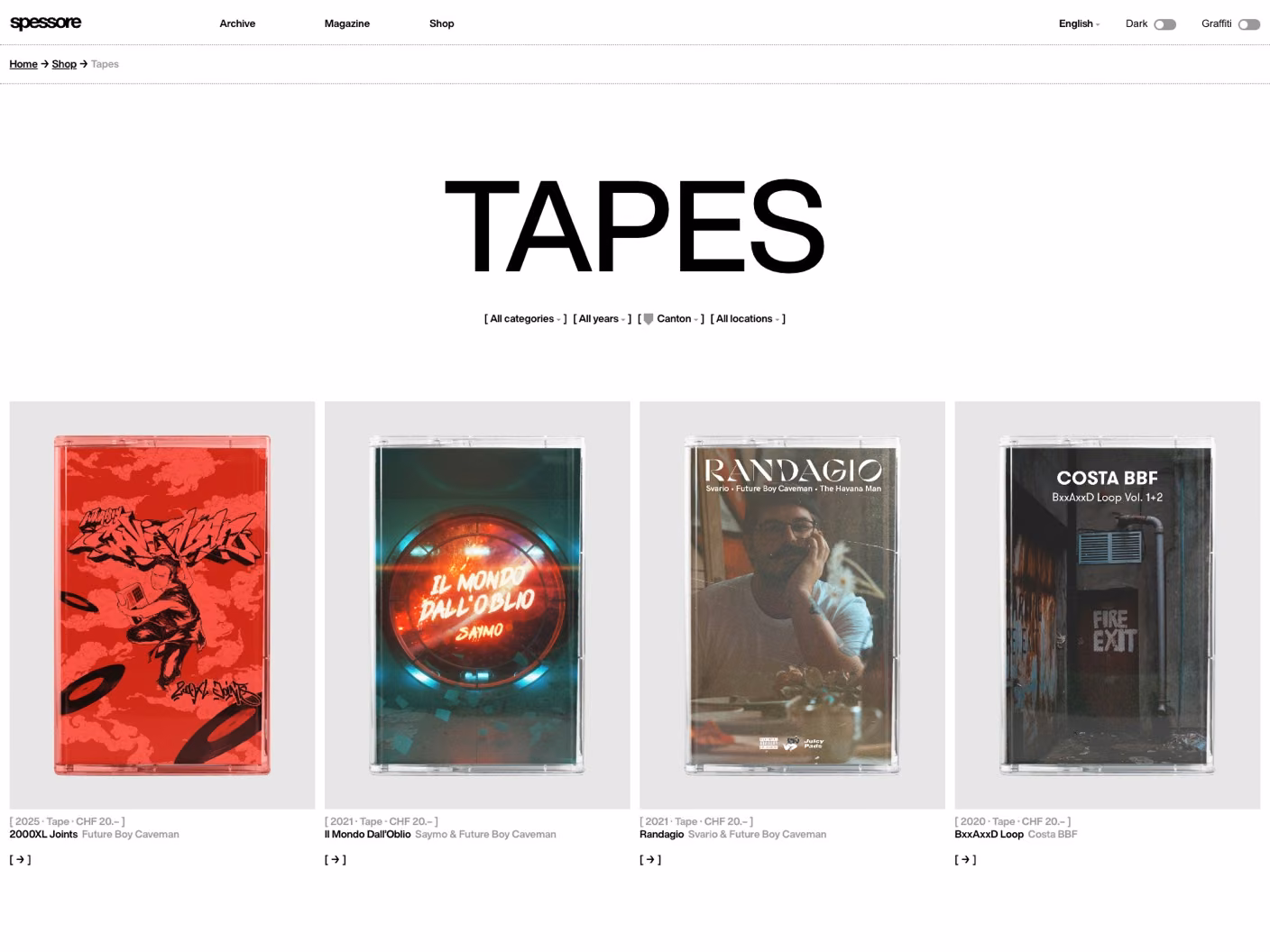Spessore website: the tapes in the shop