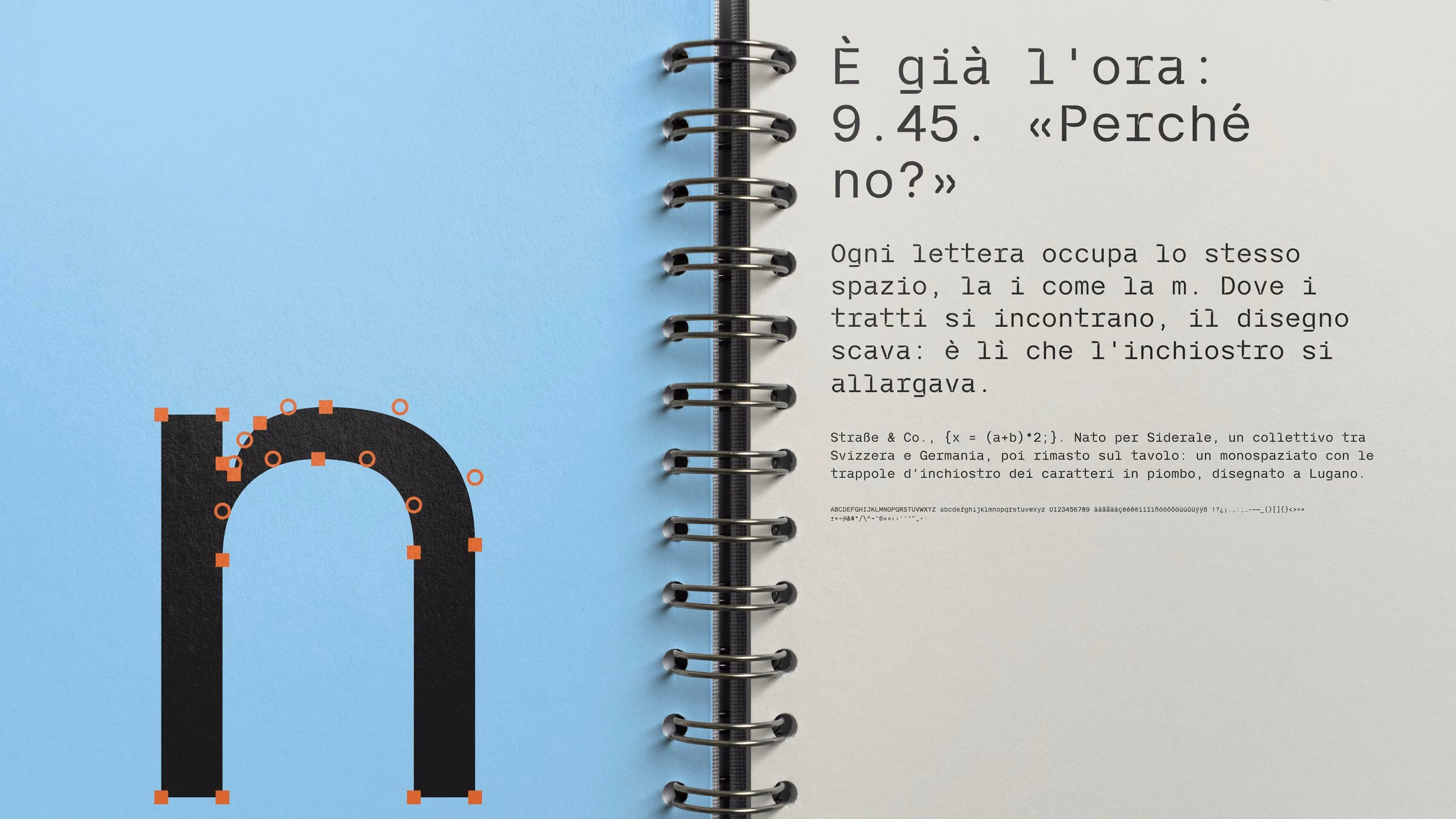 A ring-bound specimen: the n with its points, and the text at 72, 36, 18 and 9