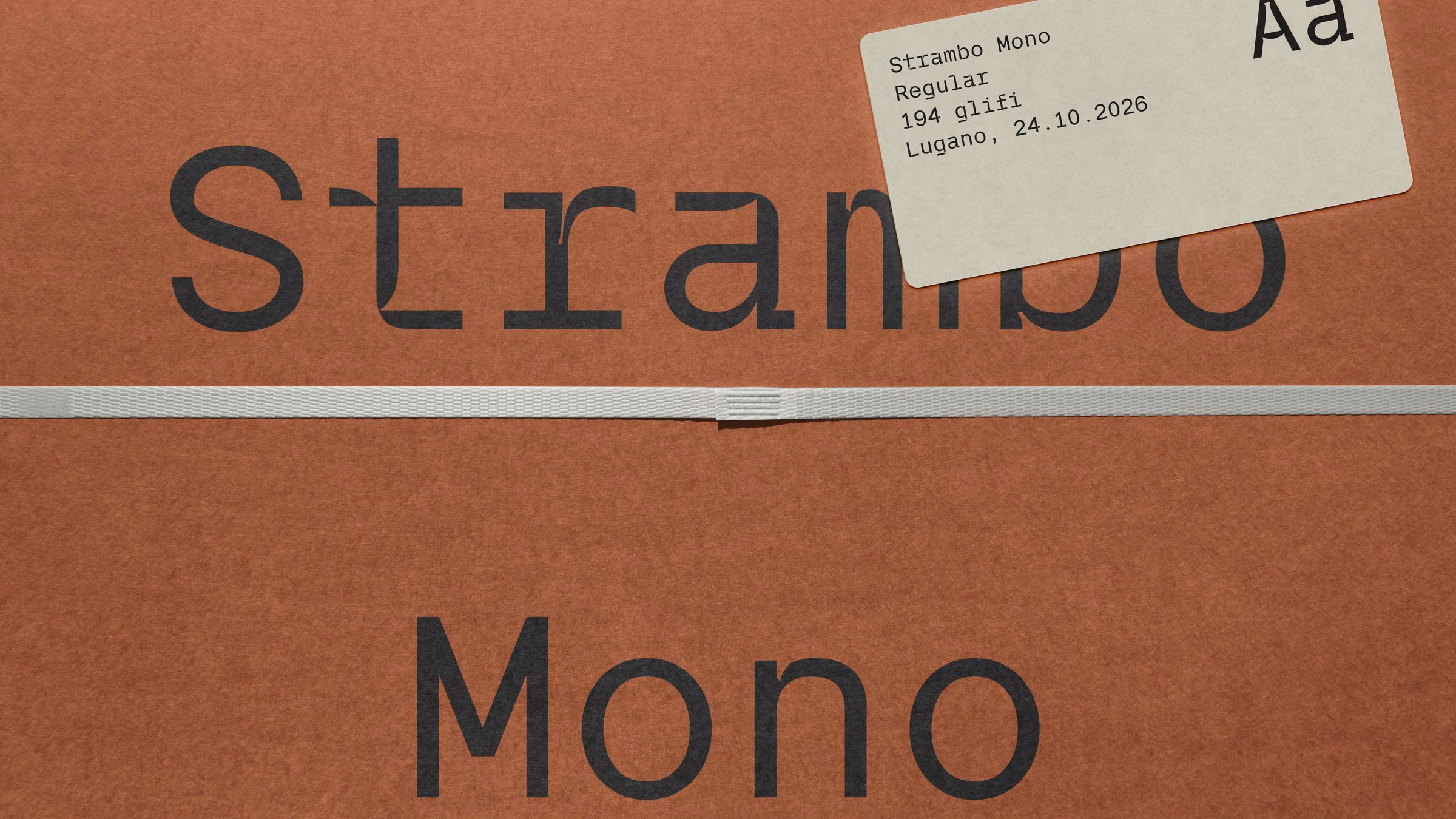 A cardboard type case printed Strambo Mono, with its label: Regular, 194 glyphs