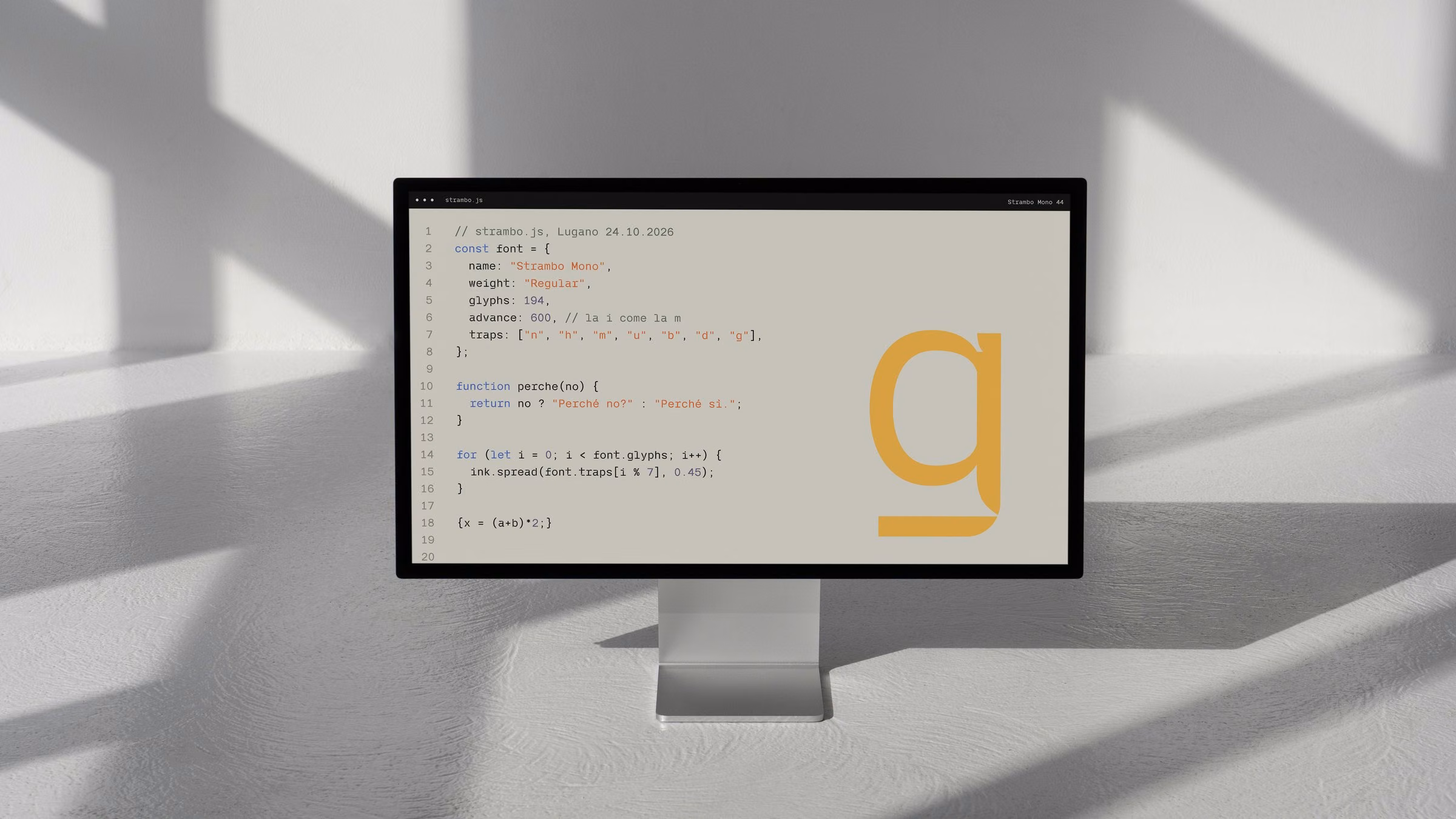 Strambo Mono in a code editor on a studio display