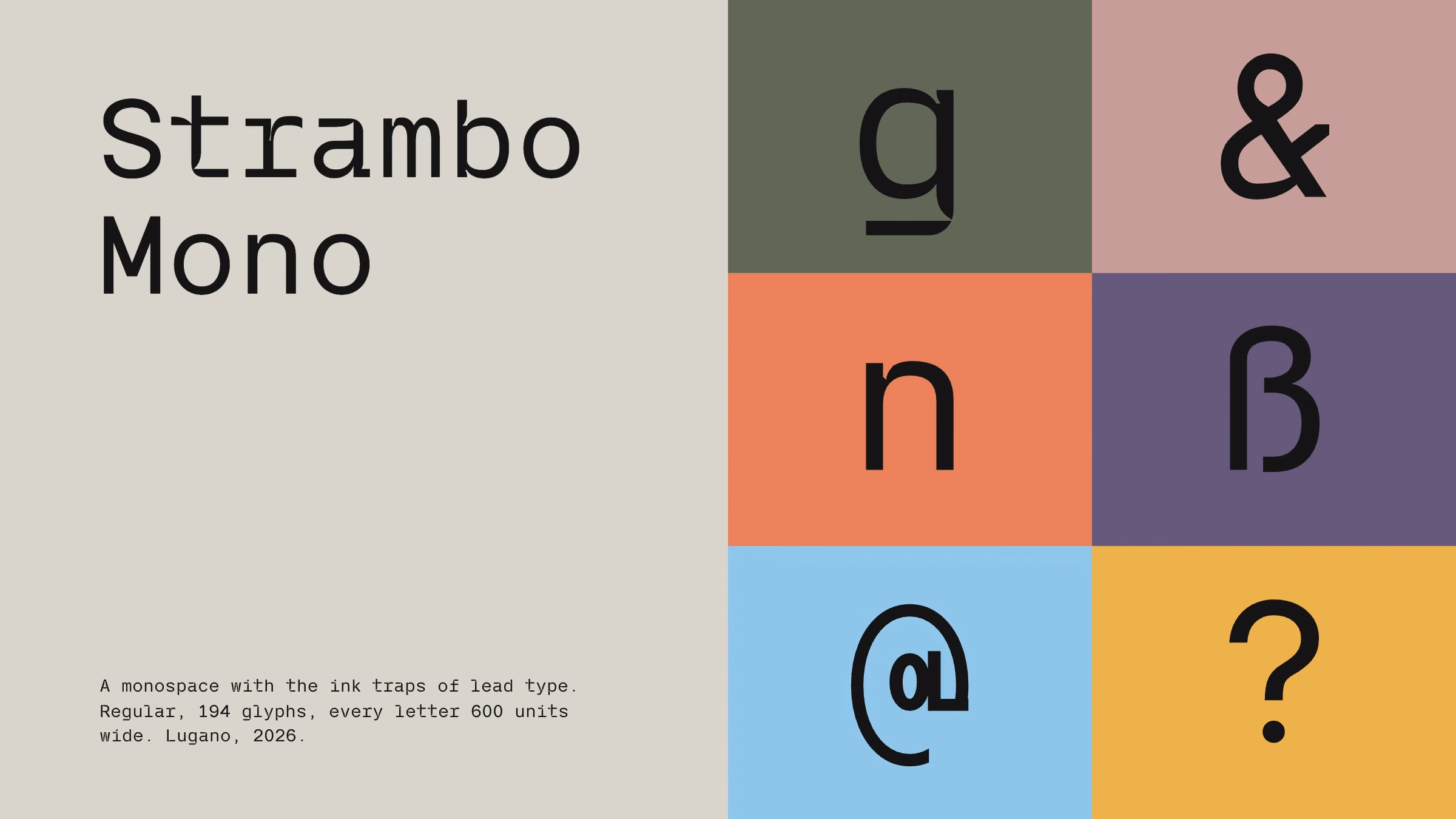 Strambo Mono: the name and six glyphs on six colours