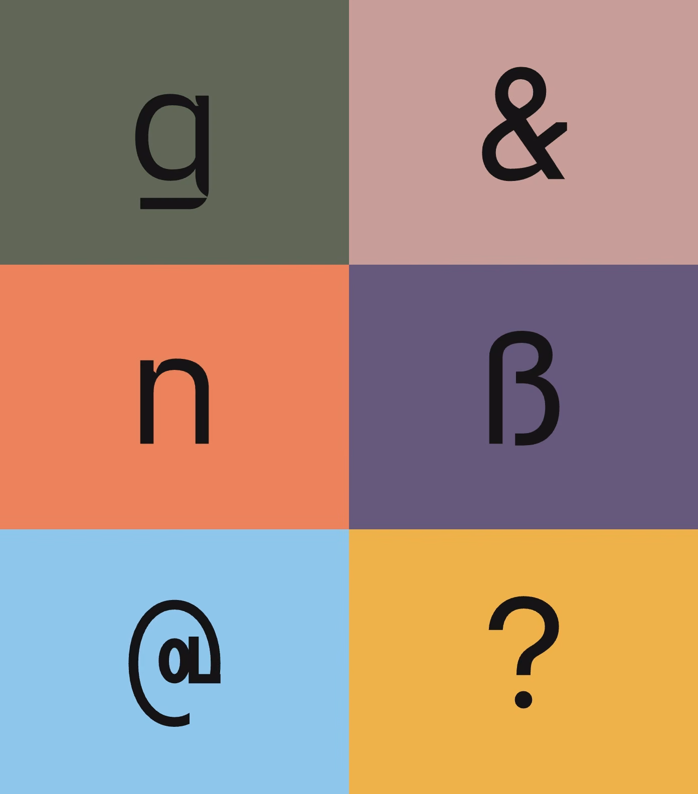 g, &, n, ß, @ and ? in Strambo Mono on six colours